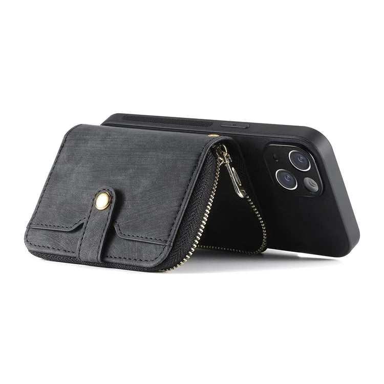 D3 for iPhone 14 Case Card Holder Slots Zipper Pocket Leather Back Cover with Lanyard