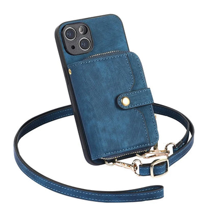D3 for iPhone 14 Case Card Holder Slots Zipper Pocket Leather Back Cover with Lanyard