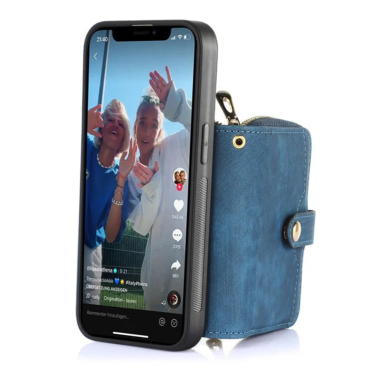 D3 for iPhone 14 Case Card Holder Slots Zipper Pocket Leather Back Cover with Lanyard
