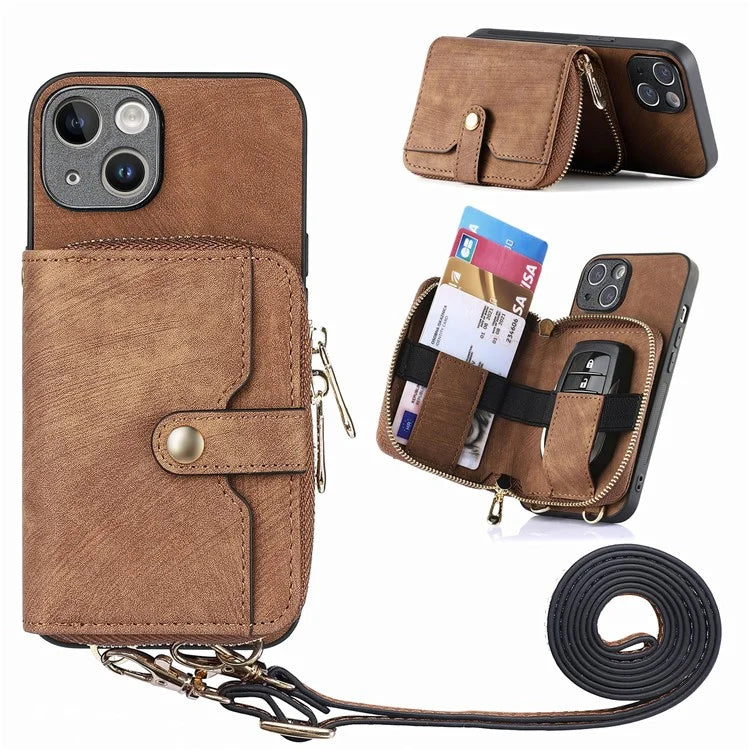 D3 for iPhone 14 Case Card Holder Slots Zipper Pocket Leather Back Cover with Lanyard