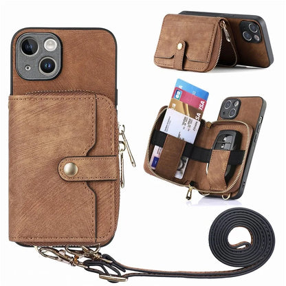 D3 for iPhone 14 Case Card Holder Slots Zipper Pocket Leather Back Cover with Lanyard