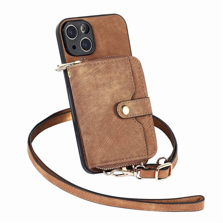 D3 for iPhone 14 Case Card Holder Slots Zipper Pocket Leather Back Cover with Lanyard