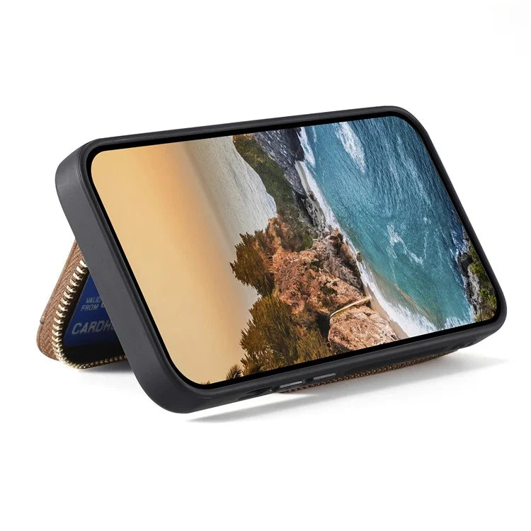 D3 for iPhone 14 Case Card Holder Slots Zipper Pocket Leather Back Cover with Lanyard