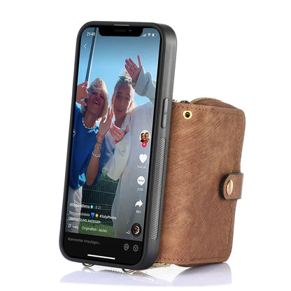 D3 for iPhone 14 Case Card Holder Slots Zipper Pocket Leather Back Cover with Lanyard
