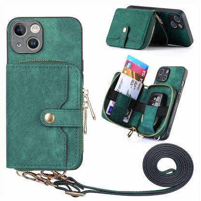 D3 for iPhone 14 Case Card Holder Slots Zipper Pocket Leather Back Cover with Lanyard