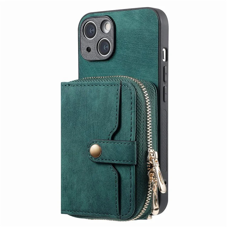 D3 for iPhone 14 Case Card Holder Slots Zipper Pocket Leather Back Cover with Lanyard