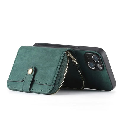 D3 for iPhone 14 Case Card Holder Slots Zipper Pocket Leather Back Cover with Lanyard