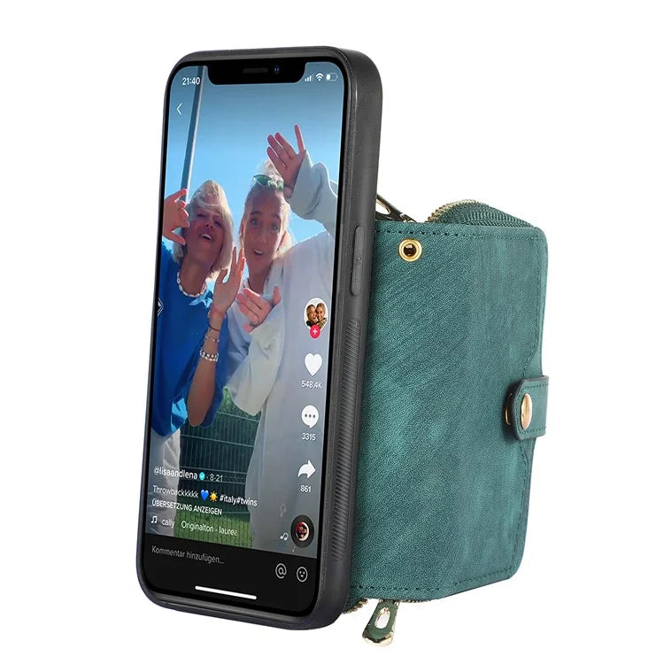D3 for iPhone 14 Case Card Holder Slots Zipper Pocket Leather Back Cover with Lanyard