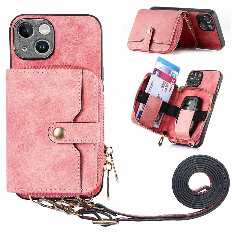 D3 for iPhone 14 Case Card Holder Slots Zipper Pocket Leather Back Cover with Lanyard