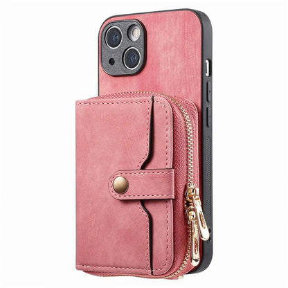D3 for iPhone 14 Case Card Holder Slots Zipper Pocket Leather Back Cover with Lanyard