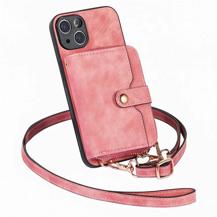 D3 for iPhone 14 Case Card Holder Slots Zipper Pocket Leather Back Cover with Lanyard