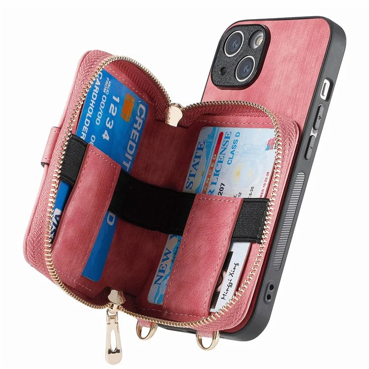 D3 for iPhone 14 Case Card Holder Slots Zipper Pocket Leather Back Cover with Lanyard