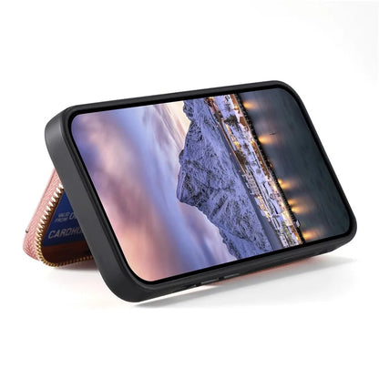 D3 for iPhone 14 Case Card Holder Slots Zipper Pocket Leather Back Cover with Lanyard
