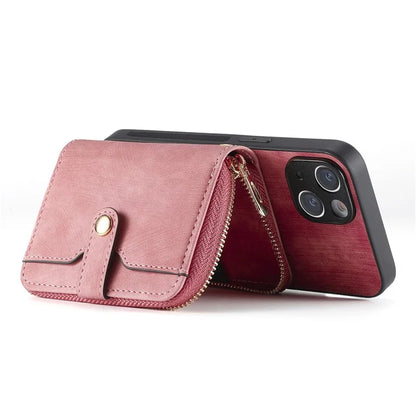 D3 for iPhone 14 Case Card Holder Slots Zipper Pocket Leather Back Cover with Lanyard