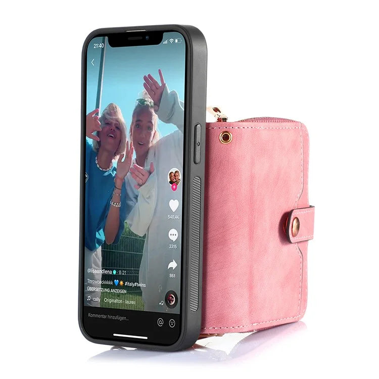 D3 for iPhone 14 Case Card Holder Slots Zipper Pocket Leather Back Cover with Lanyard