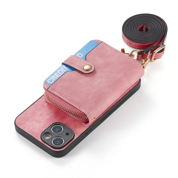 D3 for iPhone 14 Case Card Holder Slots Zipper Pocket Leather Back Cover with Lanyard