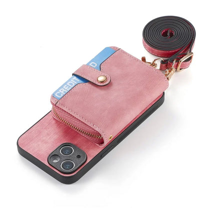 D3 for iPhone 14 Case Card Holder Slots Zipper Pocket Leather Back Cover with Lanyard