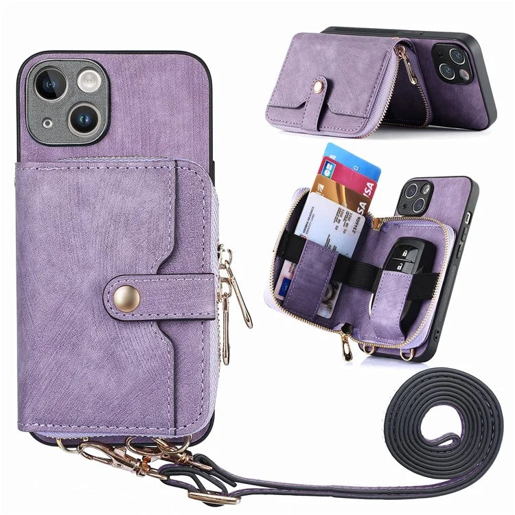 D3 for iPhone 14 Case Card Holder Slots Zipper Pocket Leather Back Cover with Lanyard