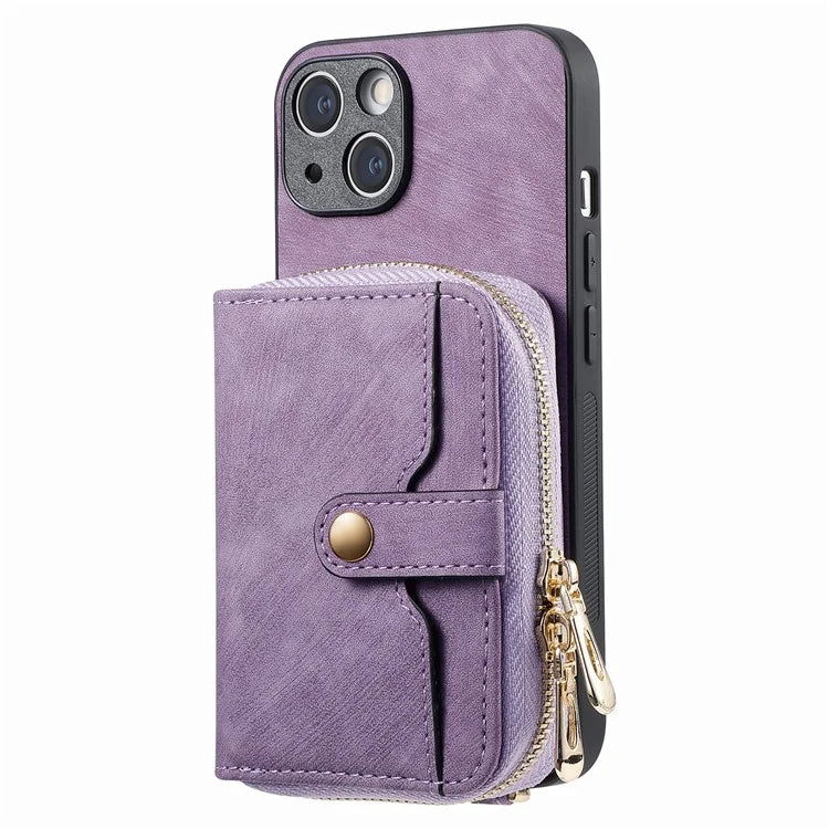 D3 for iPhone 14 Case Card Holder Slots Zipper Pocket Leather Back Cover with Lanyard