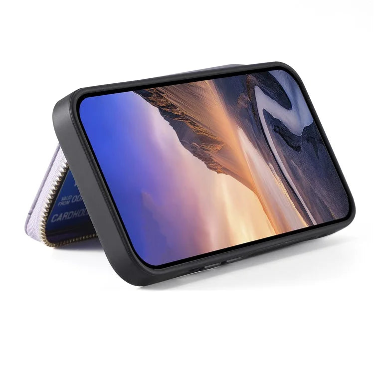 D3 for iPhone 14 Case Card Holder Slots Zipper Pocket Leather Back Cover with Lanyard