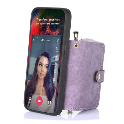 D3 for iPhone 14 Case Card Holder Slots Zipper Pocket Leather Back Cover with Lanyard