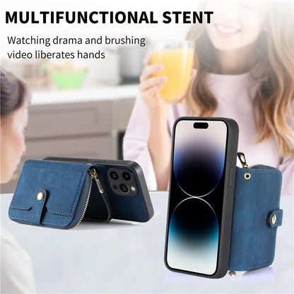 D3 for iPhone 14 Pro Case Zipper Pocket Leather+TPU+PC Crossbody Phone Cover