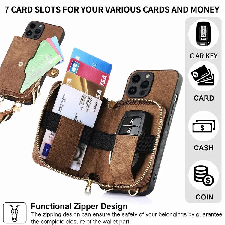 D3 for iPhone 14 Pro Case Zipper Pocket Leather+TPU+PC Crossbody Phone Cover