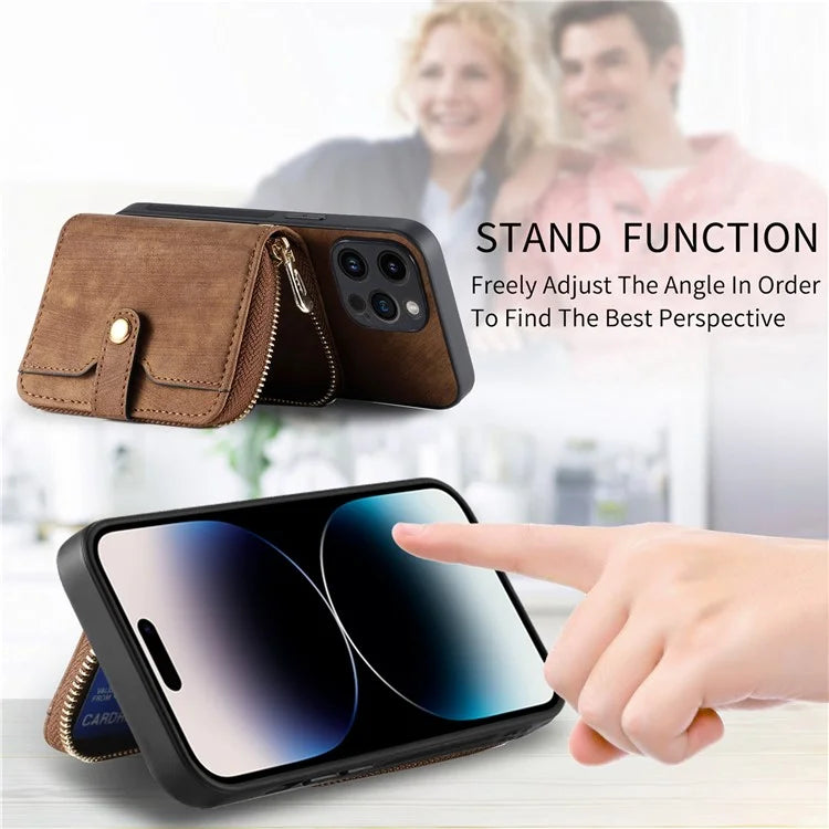 D3 for iPhone 14 Pro Case Zipper Pocket Leather+TPU+PC Crossbody Phone Cover