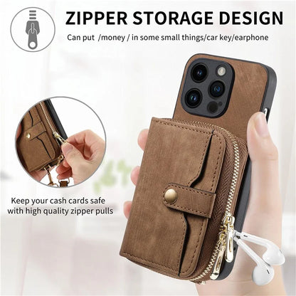 D3 for iPhone 14 Pro Case Zipper Pocket Leather+TPU+PC Crossbody Phone Cover