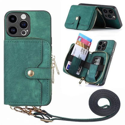 D3 for iPhone 14 Pro Case Zipper Pocket Leather+TPU+PC Crossbody Phone Cover