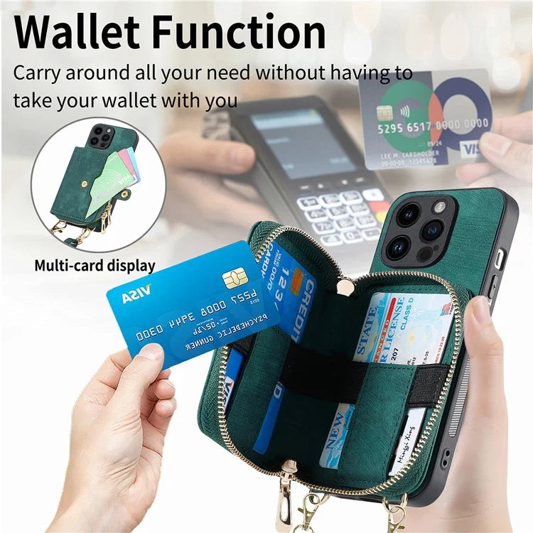 D3 for iPhone 14 Pro Case Zipper Pocket Leather+TPU+PC Crossbody Phone Cover