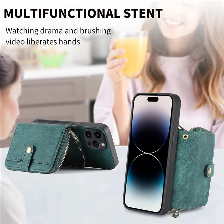 D3 for iPhone 14 Pro Case Zipper Pocket Leather+TPU+PC Crossbody Phone Cover