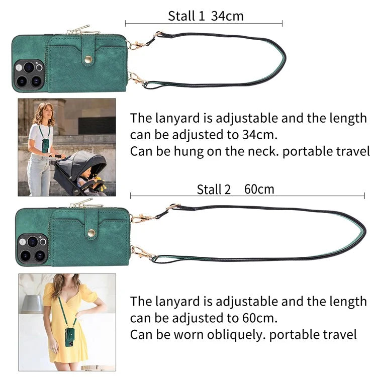 D3 for iPhone 14 Pro Case Zipper Pocket Leather+TPU+PC Crossbody Phone Cover