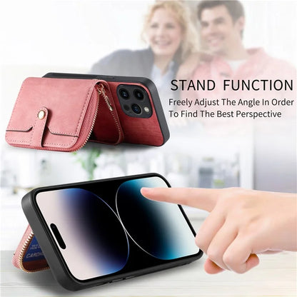 D3 for iPhone 14 Pro Case Zipper Pocket Leather+TPU+PC Crossbody Phone Cover