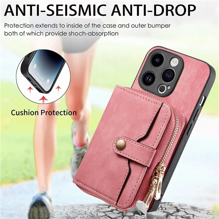 D3 for iPhone 14 Pro Case Zipper Pocket Leather+TPU+PC Crossbody Phone Cover