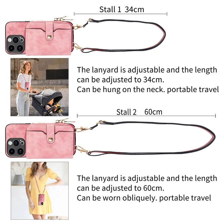 D3 for iPhone 14 Pro Case Zipper Pocket Leather+TPU+PC Crossbody Phone Cover