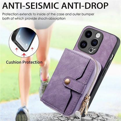 D3 for iPhone 14 Pro Case Zipper Pocket Leather+TPU+PC Crossbody Phone Cover
