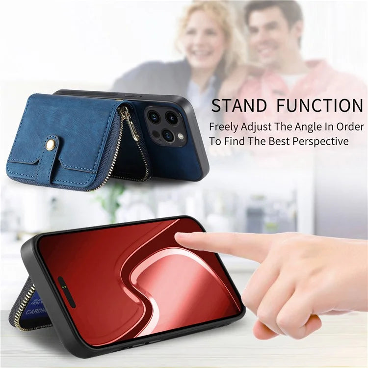 D3 For iPhone 15 Pro Max Zipper Wallet Case PU+TPU+PC Phone Shell with Strap