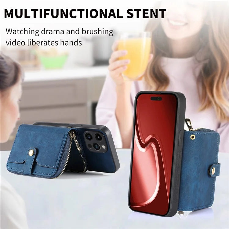 D3 For iPhone 15 Pro Max Zipper Wallet Case PU+TPU+PC Phone Shell with Strap
