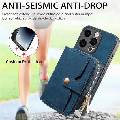 D3 For iPhone 15 Pro Max Zipper Wallet Case PU+TPU+PC Phone Shell with Strap