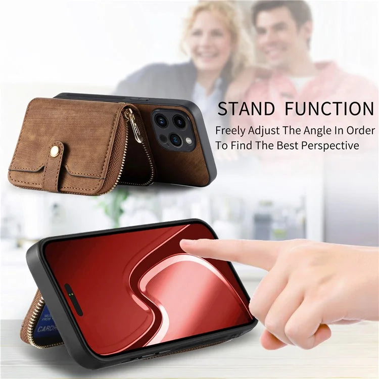 D3 For iPhone 15 Pro Max Zipper Wallet Case PU+TPU+PC Phone Shell with Strap