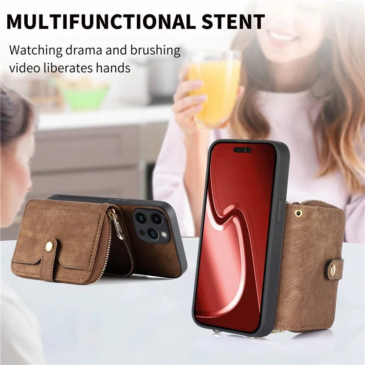 D3 For iPhone 15 Pro Max Zipper Wallet Case PU+TPU+PC Phone Shell with Strap