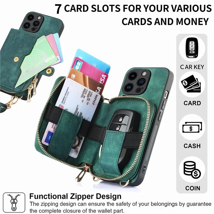 D3 For iPhone 15 Pro Max Zipper Wallet Case PU+TPU+PC Phone Shell with Strap