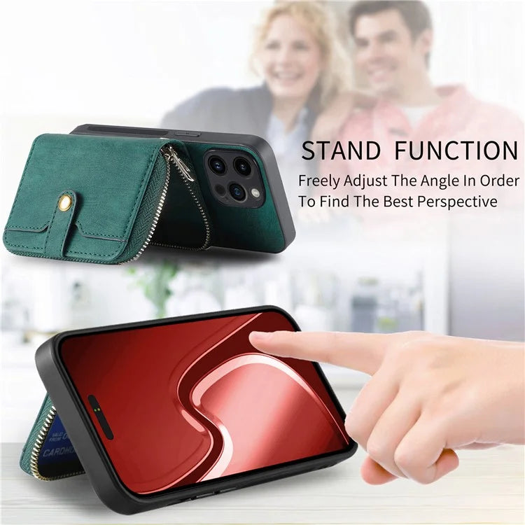 D3 For iPhone 15 Pro Max Zipper Wallet Case PU+TPU+PC Phone Shell with Strap
