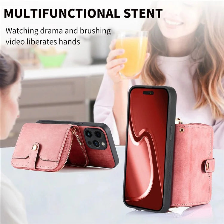 D3 For iPhone 15 Pro Max Zipper Wallet Case PU+TPU+PC Phone Shell with Strap