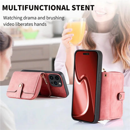 D3 For iPhone 15 Pro Max Zipper Wallet Case PU+TPU+PC Phone Shell with Strap