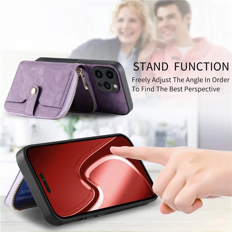 D3 For iPhone 15 Pro Max Zipper Wallet Case PU+TPU+PC Phone Shell with Strap
