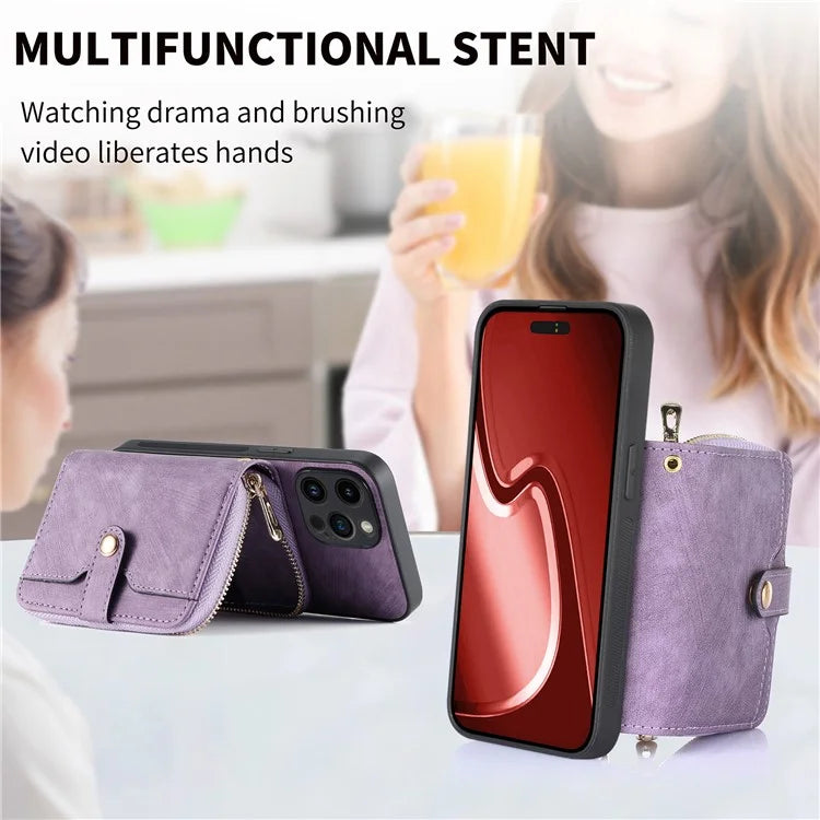 D3 For iPhone 15 Pro Max Zipper Wallet Case PU+TPU+PC Phone Shell with Strap