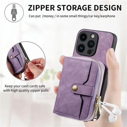 D3 For iPhone 15 Pro Max Zipper Wallet Case PU+TPU+PC Phone Shell with Strap