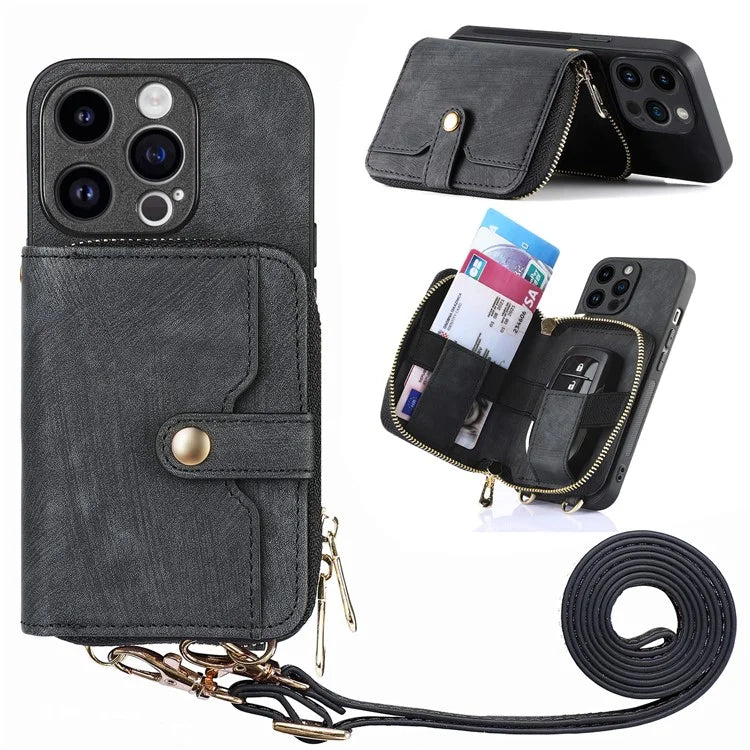D3 For iPhone 15 Pro Case Retro Zipper Wallet Kickstand Back Shell with Shoulder Strap